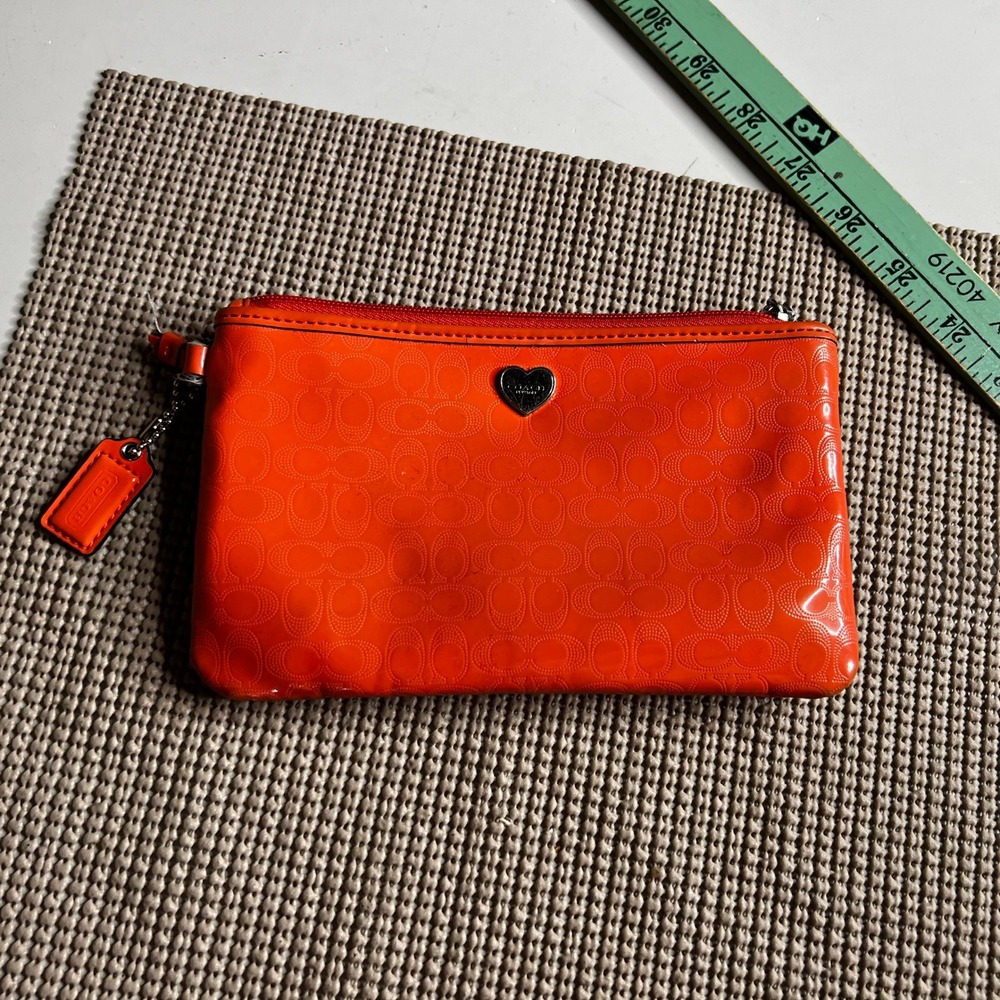 Coach Orange Patent Leather Signature C Monogram Heart Wristlet Pouch